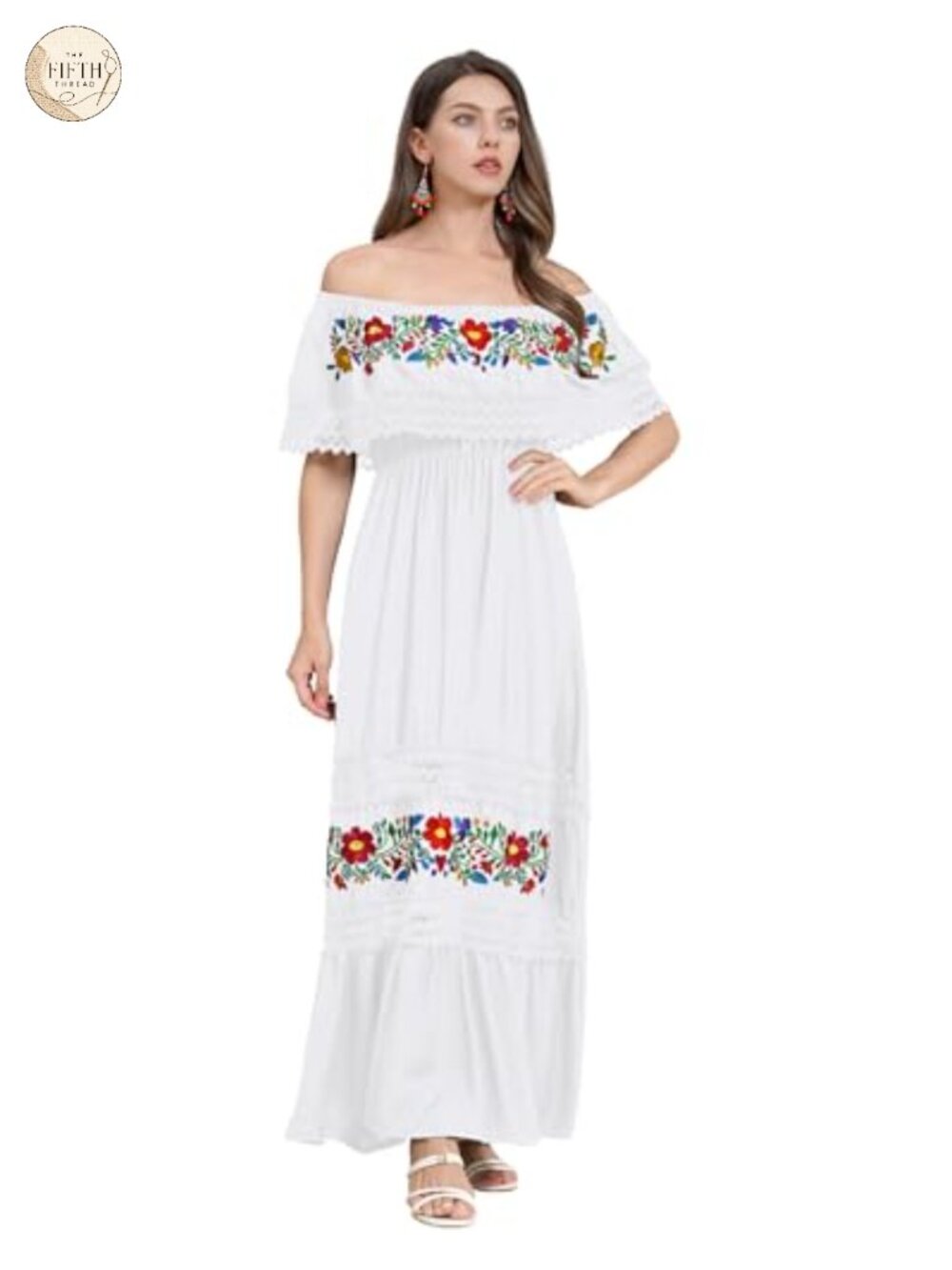 Mexican Off Shoulder Floral Embroidered Maxi Dress Sleeveless Summer Beach Party